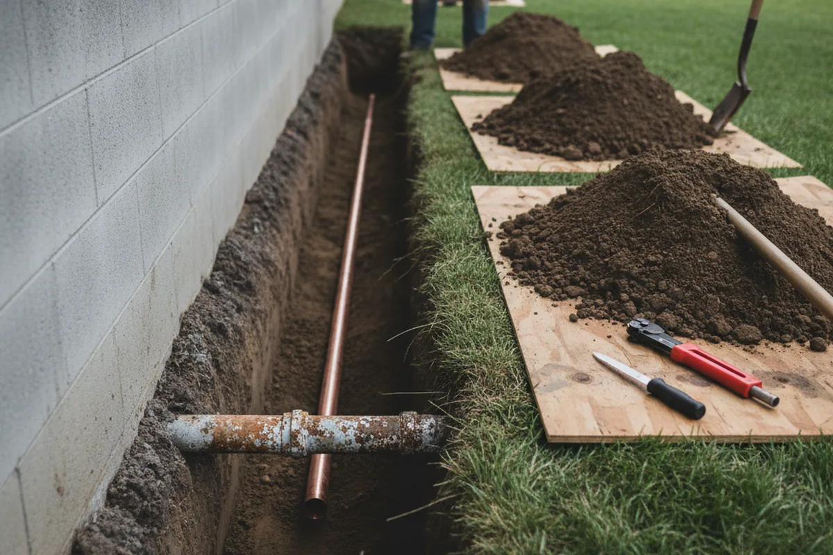 Excavated water line trench during Water Softener Installation in Ronald